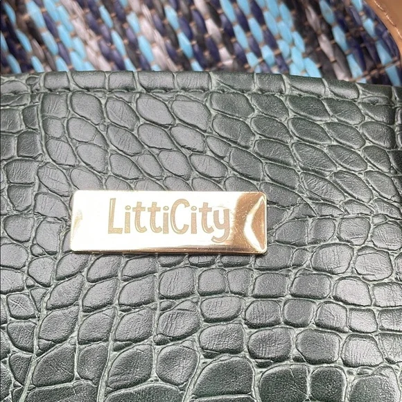 Green and Tan Structured Tote Bag with Leather Trim - Picture 2 of 4